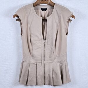 Y2k Bebe 100% Leather Mix Peplum Vest XS Tan Zip Front Sleeveless Moto Jacket